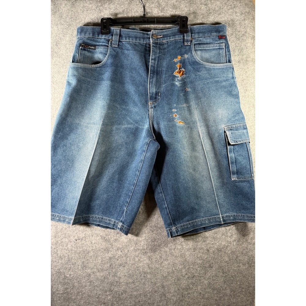 Vintage FUBU Denim Cargo Shorts Mens 38 Blue Baggy Jean 90s Y2K Distressed